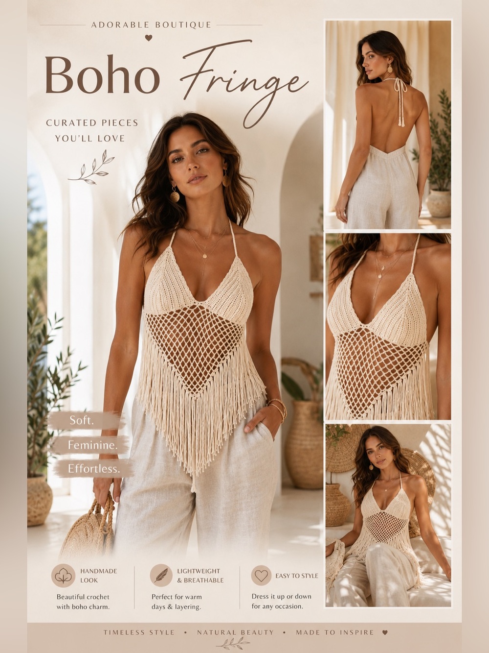 Boho Crochet Fringe Halter Top in Cream